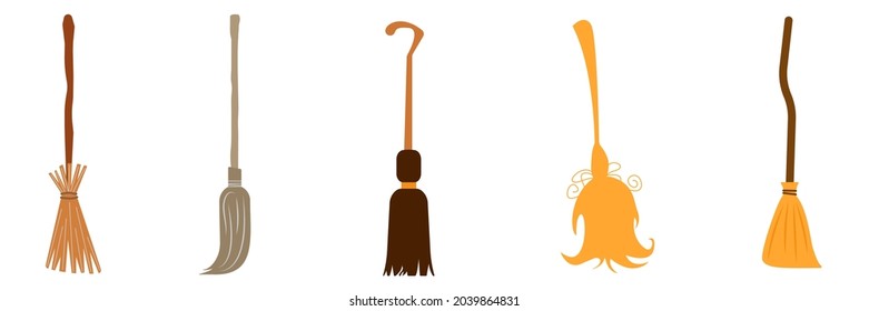Set of the brooms. Halloween accessory object. Broom cartoon vector illustration