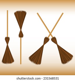 Set of the brooms. Halloween accessory object.  Broom cartoon vector illustration
