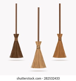 Set of the brooms. Halloween accessory object.  Broom cartoon vector illustration