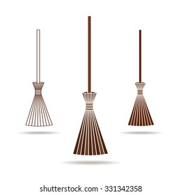 Set of the brooms. Halloween accessory object.  Broom cartoon vector illustration