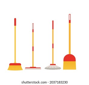 set of brooms and mop isolated on white background. Flat style. 