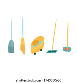 Set of brooms and mops with janitor bucket. Vector illustraion in hand drawn style in yellow and blue colors.