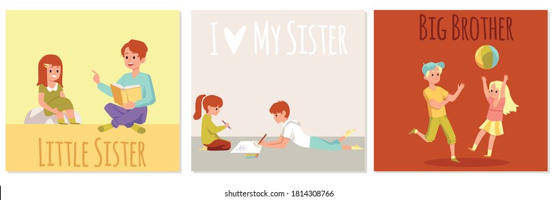 Set of brothers and sisters in families playing and reading together. Elder brother and little sister, flat cartoon vector illustration isolated white background