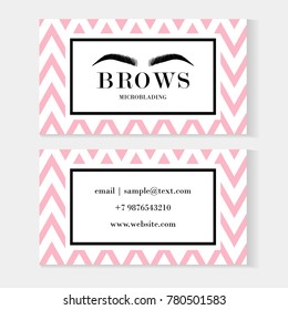 Set of brow artist business cards template with beautiful eyebrows for logo of master eyebrows and microblading master. Business card template. Modern card on pink and white background with zigzag