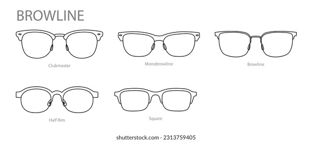 Set of Browline frame glasses fashion accessory illustration. Sunglass front view for Men, women, unisex silhouette style, flat rim spectacles eyeglasses with lens sketch style outline isolated