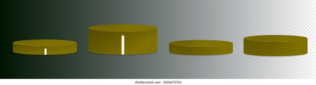 Set of Brown 3d rendered podiums, two with LED Glow bars in neon white. Podiums perfect for retro neon designs, interior mock ups, product displays. Vector Illustration. EPS 10. 
