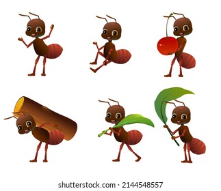 Set of Brown ants. Wildlife object. Little funny insect. Cute cartoon style. Isolated on white background. Vector.