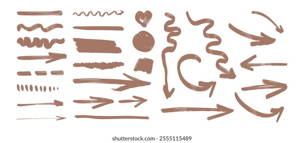 A set of brown arrows with a variety of shapes and sizes. Some arrows are curved, while others are straight