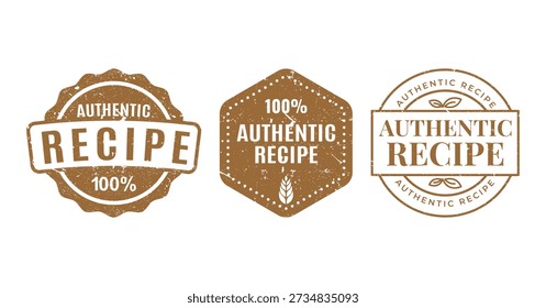 Conjunto de auténticos sellos de goma marrones Ilustración vectorial. Colección de sellos grunge circulares, hexagonales y ondulados para productos tradicionales de panadería y alimentación
