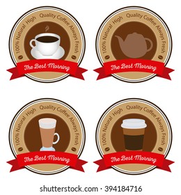 Set of brown banners with text and coffee icons on a white background