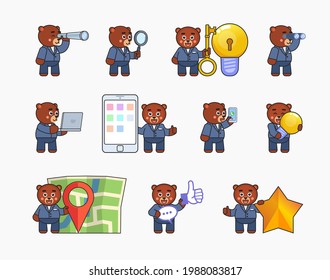 Set of brown bear characters in business suit in different situations. Cute bear holding spyglass, magnifier, big key, idea bulb, standing near map and other actions. Vector illustration