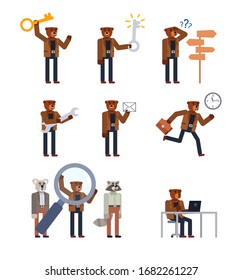 Set of brown bear characters showing various actions. Cheerful bear holding big key, mail letter, screwdriver, running, working and showing other actions. Flat design vector illustration
