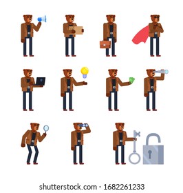 Conjunto de caracteres de oso marrón que muestran varias acciones. Un oso alegre sosteniendo altavoz, caja de paquetes, portátil, lupa y mostrando otras acciones. Ilustración vectorial de diseño plano