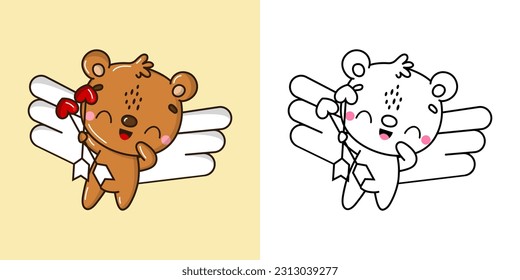 Legen Sie eine braune Bärenfarbseite und eine farbige Illustration fest. Clip Art Kawaii Bär. Vektorgrafik eines Kawaii-Tieres zum Färben von Seiten, Stoffdrucke, Aufkleber, Babydusche.

