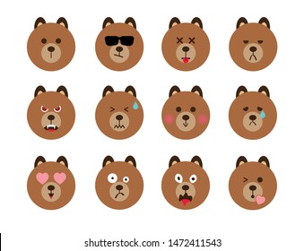 set of brown bear faces, emotion and expression icons, emoji or emoticon, vector illustration