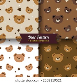 Set of Brown Bear seamless pattern vector illustration. Cute Teddy Bear face pattern on chocolate color background