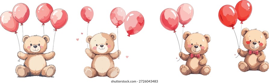 Conjunto de osos marrones sosteniendo globos rojos