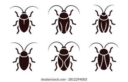 Set of brown beetle silhouettes on white background for design elements various poses