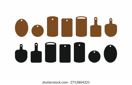 Conjunto de siluetas de tabla de cortar marrón y negro, con varias Formas de cocina y culinarias, ideales para cocinar y preparar alimentos