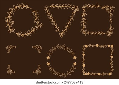 Set of brown and black laurels frames branches. Vintage laurel wreaths collection. Hand drawn vector laurel leaves decorative elements. Leaves, swirls, ornate, award, icon. Vector illustration