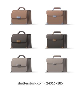 Set of brown black and white briefcases with shadows on white background, vector