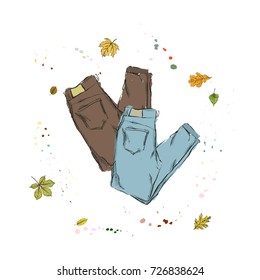 Set of brown and blue jeans. Clothing on the background of autumn leaves and drops of watercolor. Hand drawn vector illustration on a white background.