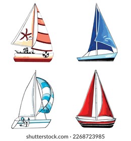 Set of brown, blue, red and aqua color yachts. EPS vector illustration.