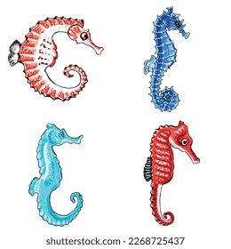 Set of brown, blue, red and aqua color seahorses. EPS vector illustration marine animals.