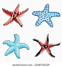 Eine Reihe von braunen, blauen, roten und aqua-farbenen Sternchen. EPS-Vektorgrafik von Meerestieren.