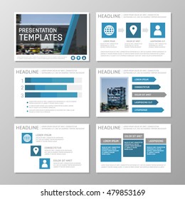 Set of brown and blue template for multipurpose presentation slides with graphs and charts. Leaflet,  book cover design.