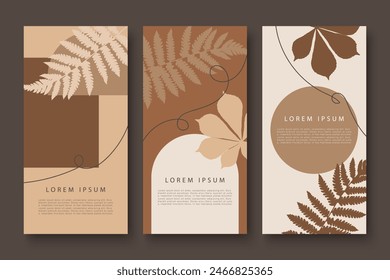 Conjunto de Plantillas de fondo botánico marrón para cubiertas, carteles, Anuncios, folletos publicitarios, tarjetas.   Diseño de cubierta de Vector con ramas y hojas.