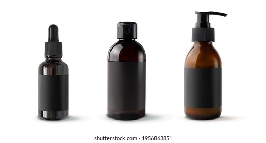 Set brown bottles for cosmetic products 3d realistic vector illustration, isolated. Plastic and glass mockup containers with black empty label sticker