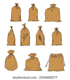 Conjunto de Ilustración vectorial de diseño de saco de arpillera marrón dibujado a mano