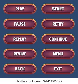 Conjunto de botones marrones con efecto de texto editable para juegos móviles interfaz de juego botones ui conjunto