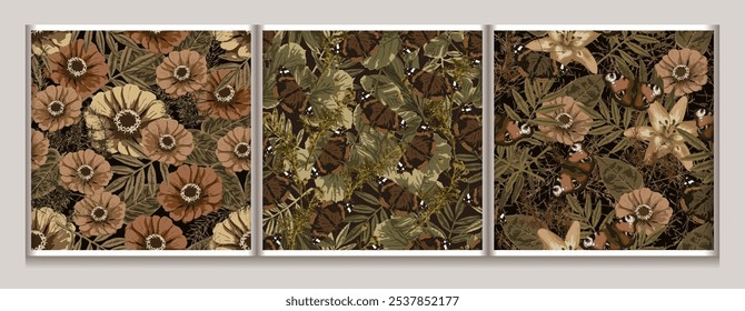 Set of brown camouflage seamless patterns with lush foliage, leaves, butterfly. Wild nature. For apparel, fabric, textile, sport goods design.