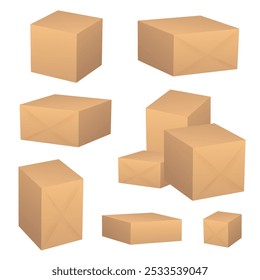 Conjunto de caixas de papelão marrom. Pacotes de entrega fechados. Ilustração vetorial EPS10