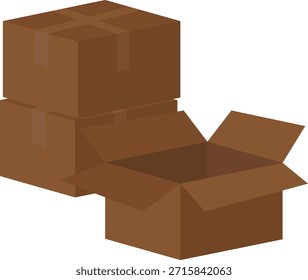 Conjunto de cajas de cartón marrón que incluyen cajas selladas y abiertas, que representan el embalaje, el envío, el almacenamiento y la logística.