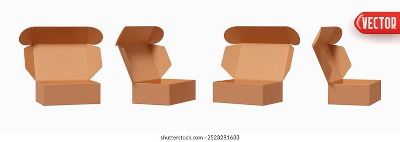 Set aus braunem Karton, offene Kisten, realistisches 3D-Design, einzeln auf weißem Hintergrund. Sammlung offener Papierschachtel. Vektorgrafik