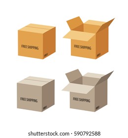 Set of brown carton boxes. Closed and open carton boxes. Vector illustration for your graphic design.
