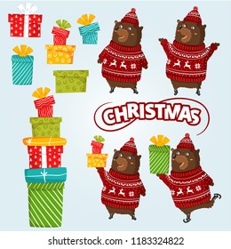 Set of brown cartoon bears in different poses. Happy forest animals on snow. cheerful bear on snow skates with gift. Bear wear winter pullover with knitted deer decor, bunch of presents, many gifts
