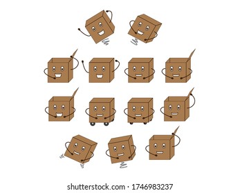 Set of Brown cartoon boxes with face and hands on White background