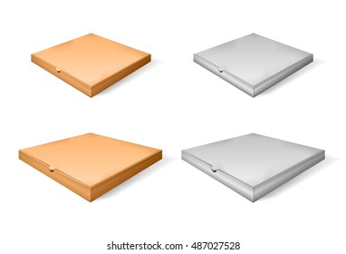 Set of brown cartoon and paper pizza box. Vector illustration. Realistic 3d closed isometric pizza isolated perspective view.