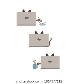 Set of brown cats with a laptop