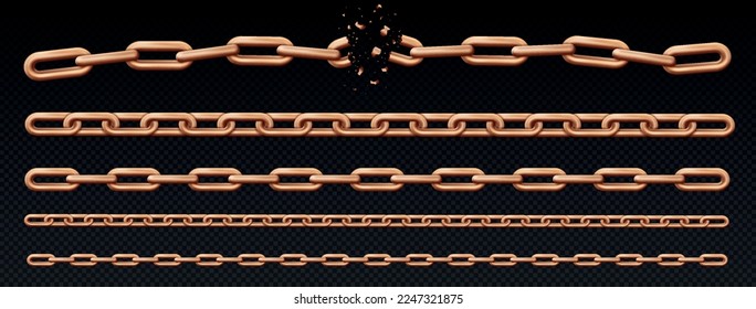 Set of brown chain. Collection of graphic elements for website on copy space. Security and protection, strength, bronze jewelry. Realistic 3D vector illustrations isolated on transparent background