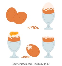 Set of brown chicken egg. Healthy morning protein breakfast . Flat vector cartoon soft egg illustration isolated on white background.