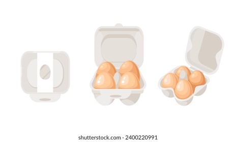 A set of brown chicken eggs in closed and open cardboard boxes. Front view, top view, perspective. A container or tray for storing eggs. Farmer's market, fresh organic products. Flat vector