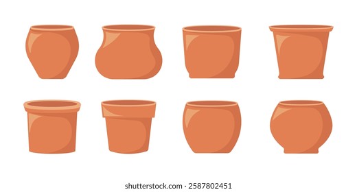 set Brown clay pot flat design with different shapes isolated on white background.Vector illustration