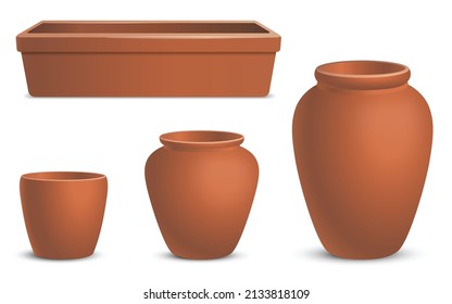 Set of brown clay pots. Realistic vector kitchen utensils.