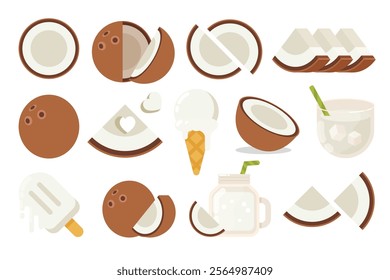 Set of brown Coconut, Farm fresh Coconut product emblem for grocery shop, collection of ice cream, Juice jar, glass of juice, ice cream cone and stick, simple flat vector illustration of fruits.