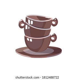 Set of brown coffee cups. Glossy cartoon-style mugs on a white isolated background